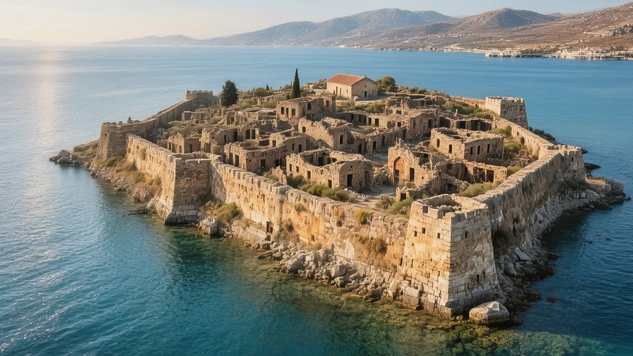 Spinalonga island fortress ruins with Venetian walls and abandoned buildings overlooking turquoise Mirabello Bay at golden hour, Crete, Greece