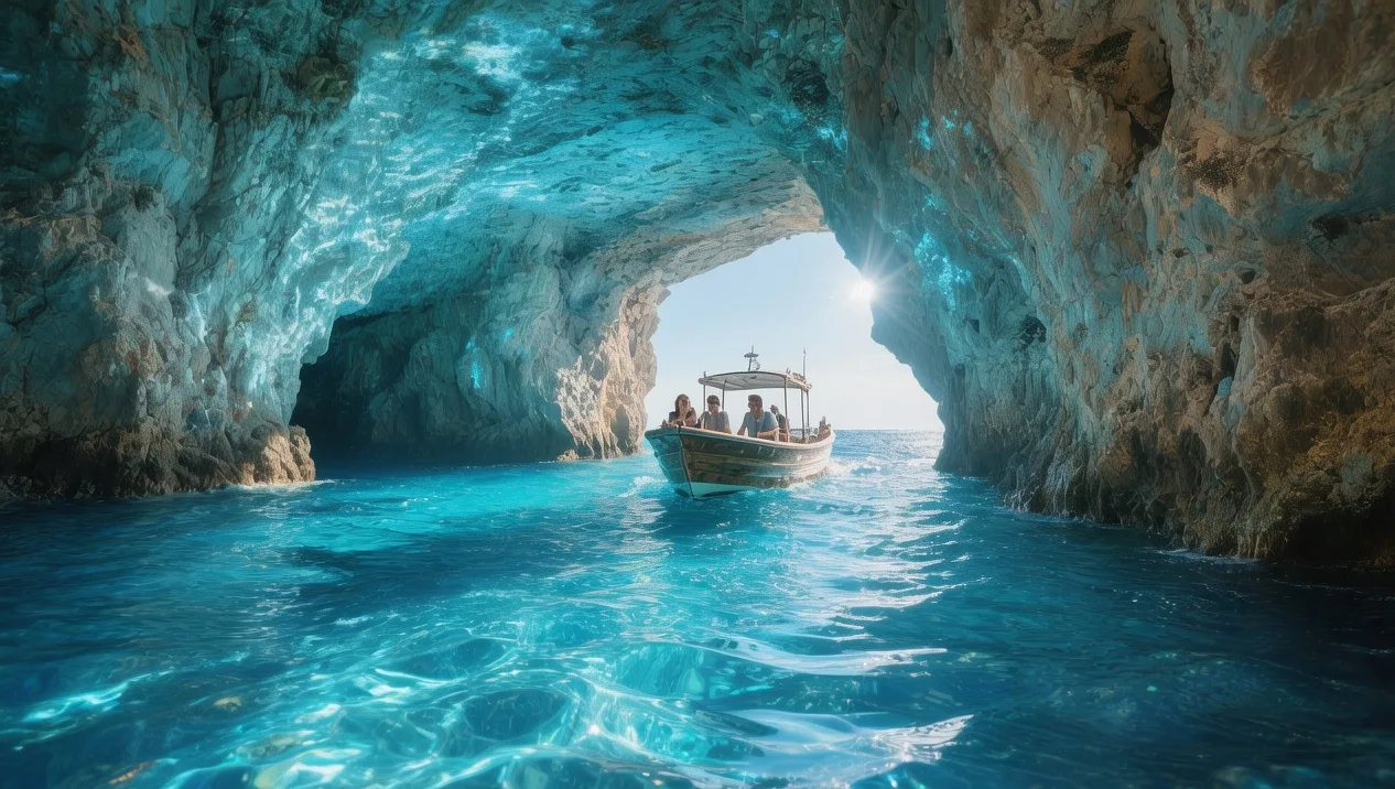 Morning sunlight refracting through the electric blue waters of the Blue Caves beneath white limestone arches in Zakynthos.