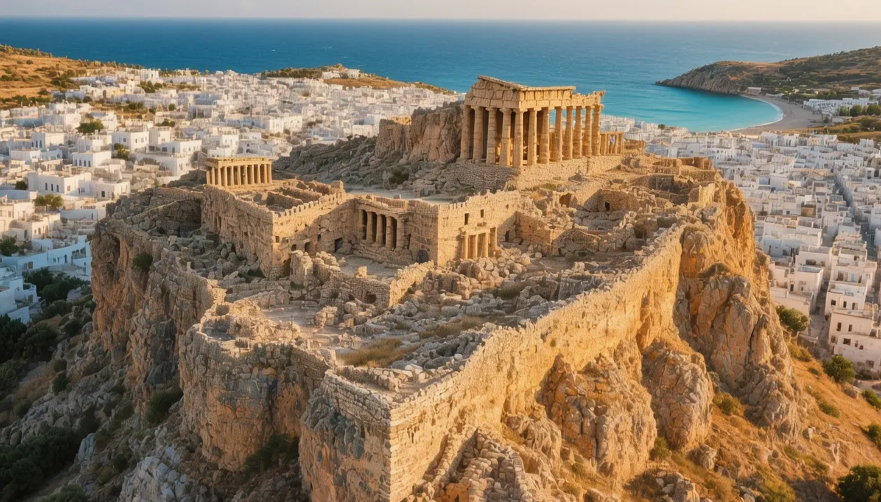 Sunrise light bathing the ancient Lindos Acropolis above the whitewashed village and turquoise Aegean Sea.
