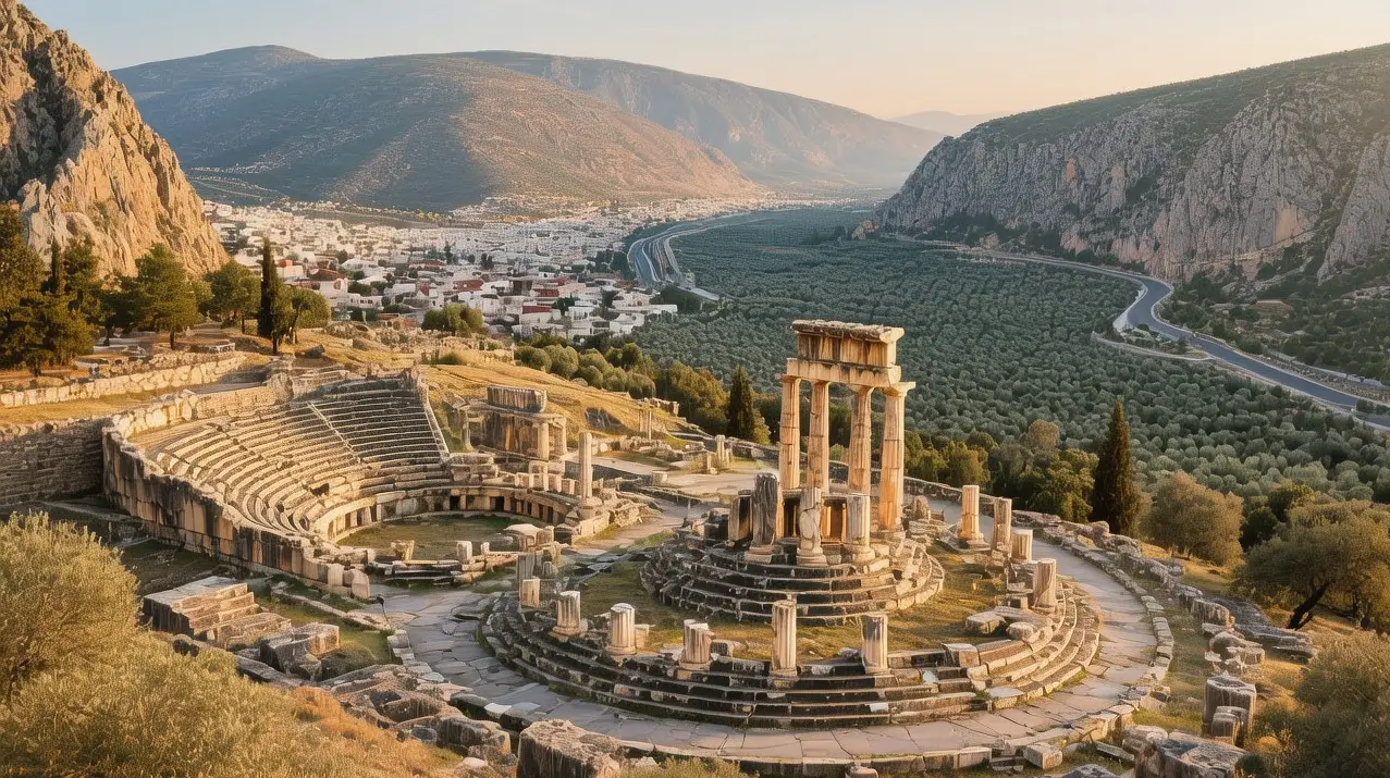 Golden hour sunlight illuminating the ancient Doric columns of the Temple of Apollo at the Delphi archaeological site in Greece.