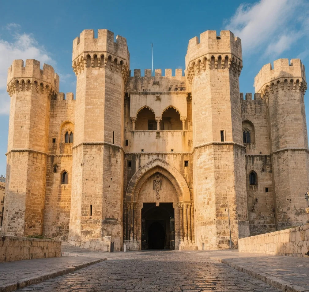 Golden hour light illuminating the medieval Palace of the Grand Master in Rhodes Old Town, Greece.