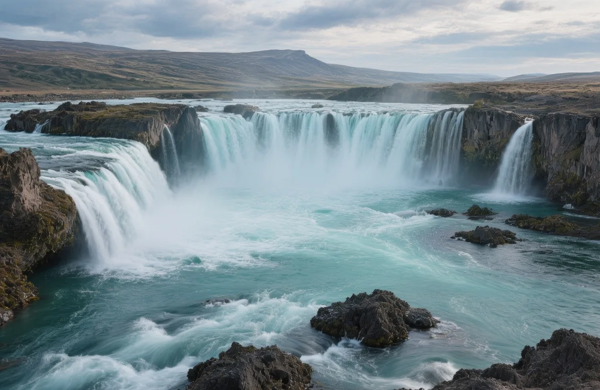 Goðafoss waterfall at golden hour, Iceland: Turquoise glacial waters cascading over horseshoe-shaped basalt cliff, mist rising under soft evening light