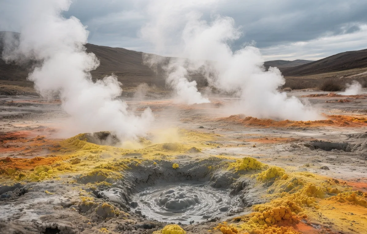 Hverir geothermal area at dawn, Iceland: Steaming fumaroles and sulfur-yellow mud pots against Námaskarð pass, morning mist swirling through volcanic vents