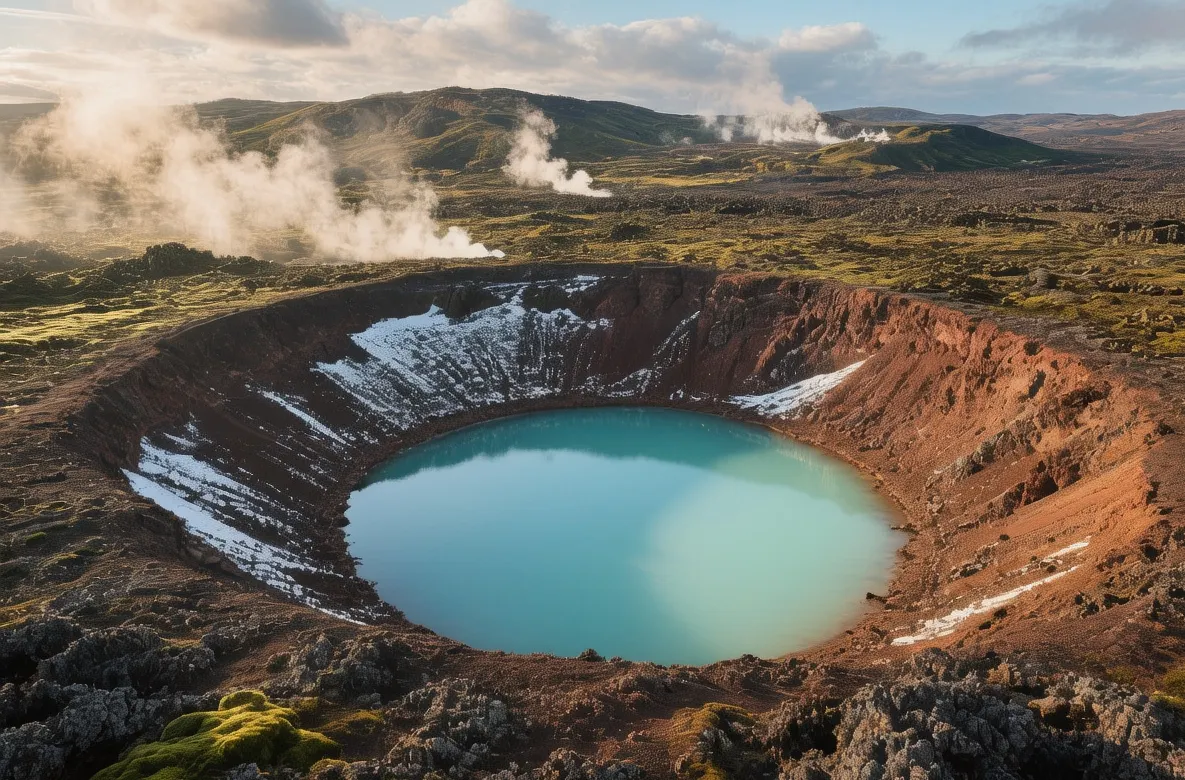 Krafla volcano caldera at sunrise, Iceland: Steaming lava fields and cracked earth under golden light, Lake Mývatn shimmering in distance