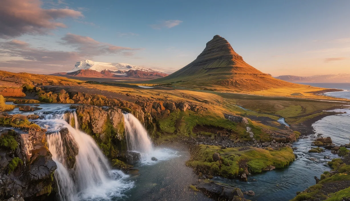 Snæfellsnes Peninsula at golden hour, Iceland: Kirkjufell mountain reflecting in Arnarstapi tidal pools, mist rising from black sand beach under soft evening light