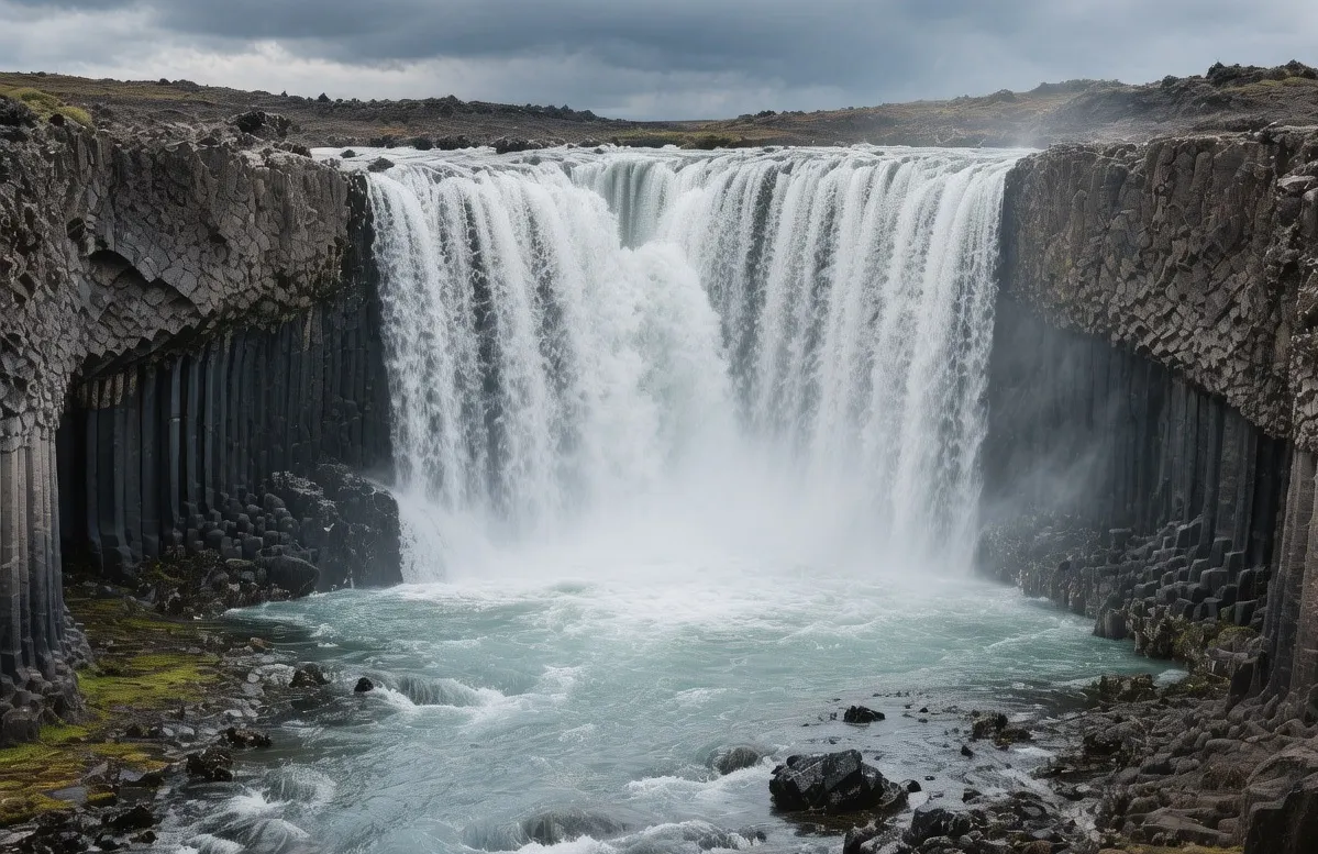 Aldeyjarfoss waterfall at dawn, Iceland: Basalt columns framing 20-meter cascade through glacial river, mist rising under soft morning light in Highlands