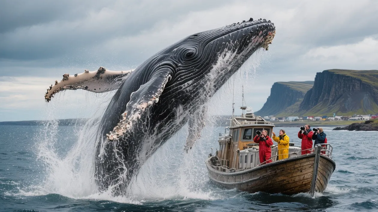 Húsavík whale watching at dawn, Iceland: Humpback whale breaching in Skjálfandi Bay, golden sunrise reflecting on Arctic waters with distant mountains