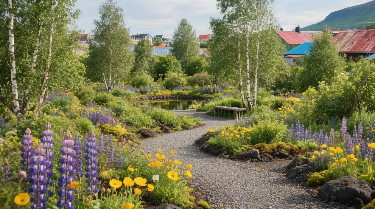 Akureyri Botanical Garden in late spring, Iceland: Vibrant lupine blooms against snow-dusted Eyjafjörður Fjord, morning mist rising from greenhouse domes