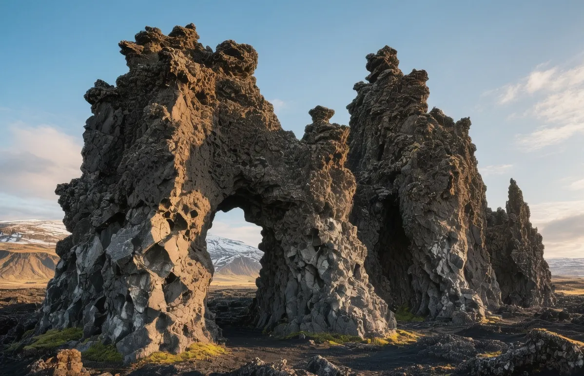 Dimmuborgir lava formations at dawn, Iceland: Jagged black basalt towers piercing morning mist above Lake Mývatn, golden sunrise illuminating volcanic textures