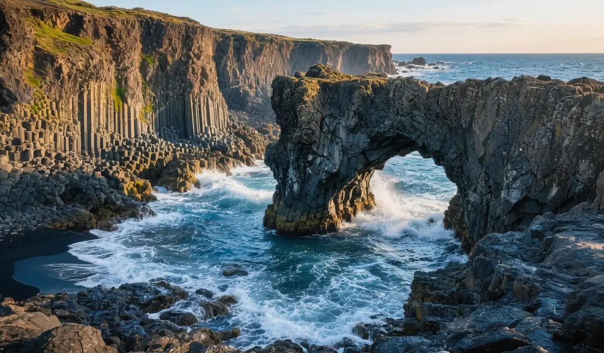 Arnarstapi basalt columns at dawn, Iceland: Hexagonal rock formations framing Atlantic waves under soft morning light, mist rising from ocean spray
