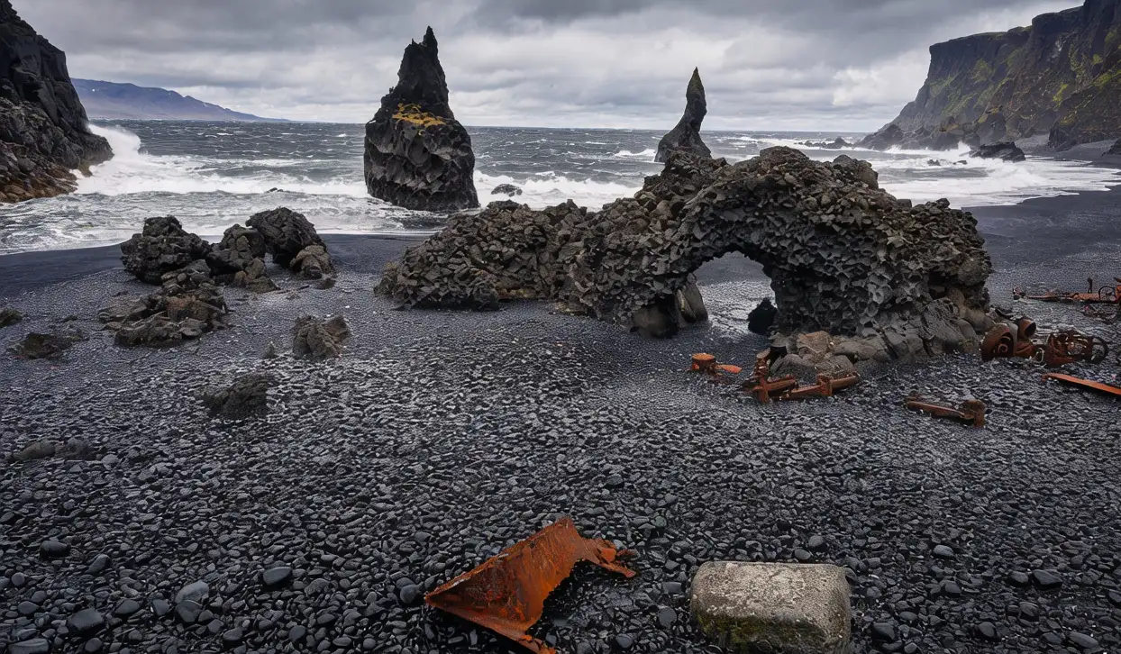 Djúpalónssandur black sand beach at dawn, Iceland: Smooth volcanic pebbles under soft morning light, lava formations framing Atlantic waves with distant Snæfellsjökull