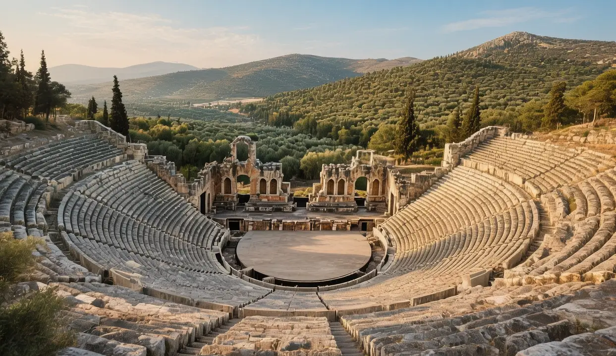 Epidaurus ancient theater at golden hour with limestone seating tiers, circular orchestra, and Peloponnese hills Greece sanctuary of Asklepios