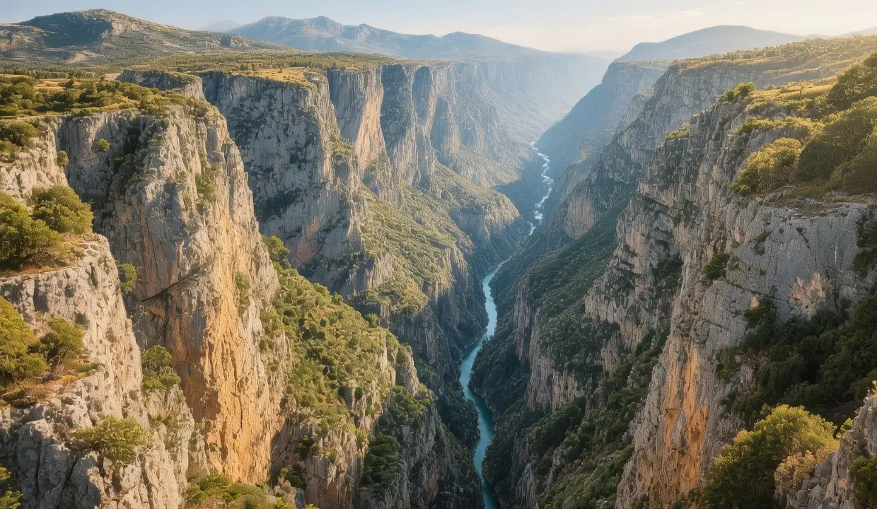 Vikos Gorge at sunrise with dramatic limestone cliffs, traditional stone bridge spanning emerald river, Zagori mountains Epirus Greece morning mist