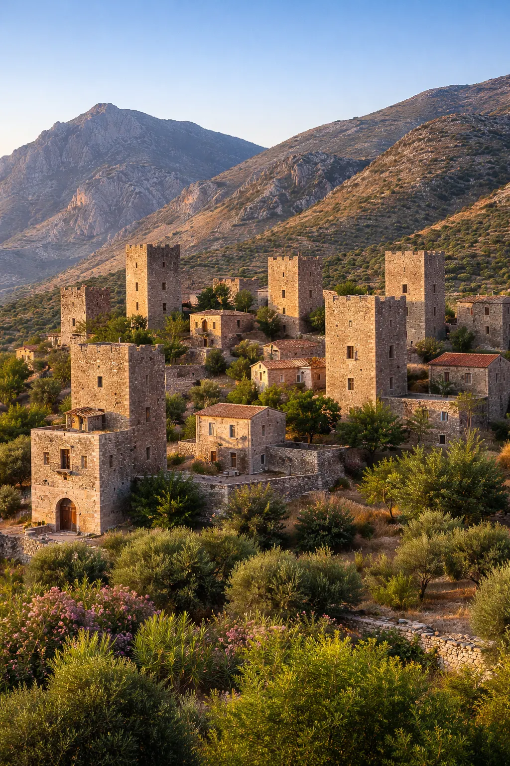 Mani Peninsula stone towers at golden hour with limestone fortifications, olive groves, and Messenian Gulf Peloponnese Greece rugged coastline