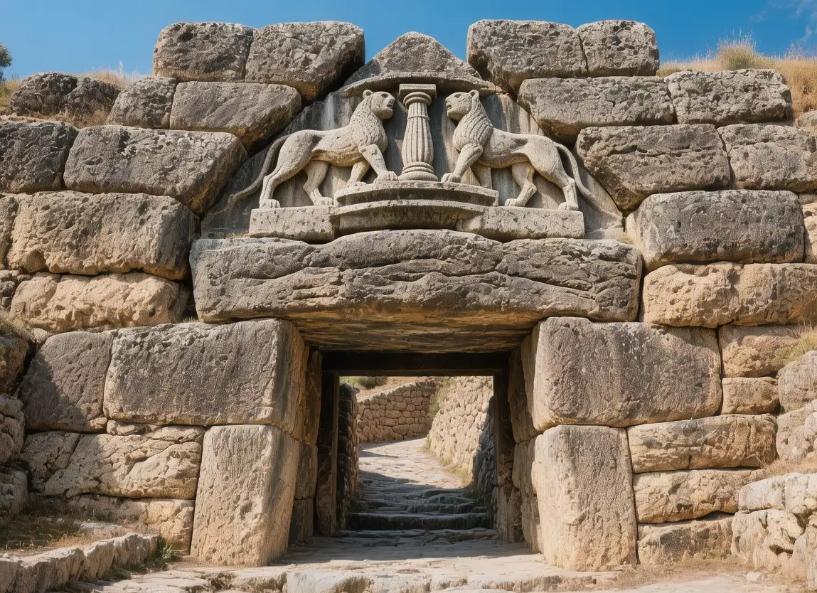 Mycenae Lion Gate at golden hour with limestone lionesses relief, ancient citadel walls, and Argive plain Peloponnese Greece