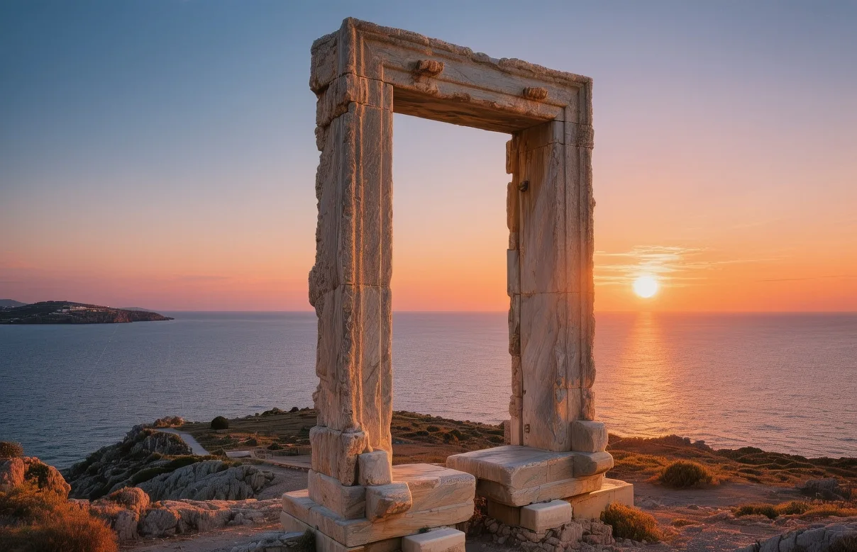 Naxos Portara marble gateway at golden hour with Aegean sunset, ancient temple ruins, and Cycladic island Greece Palatia islet
