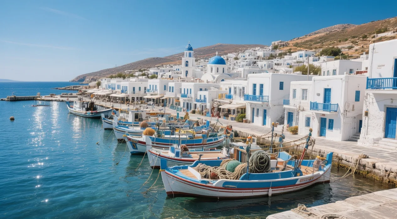 Paros Parikia harbor at golden hour with whitewashed Cycladic buildings, colorful fishing boats, and Aegean sunset Greece island port