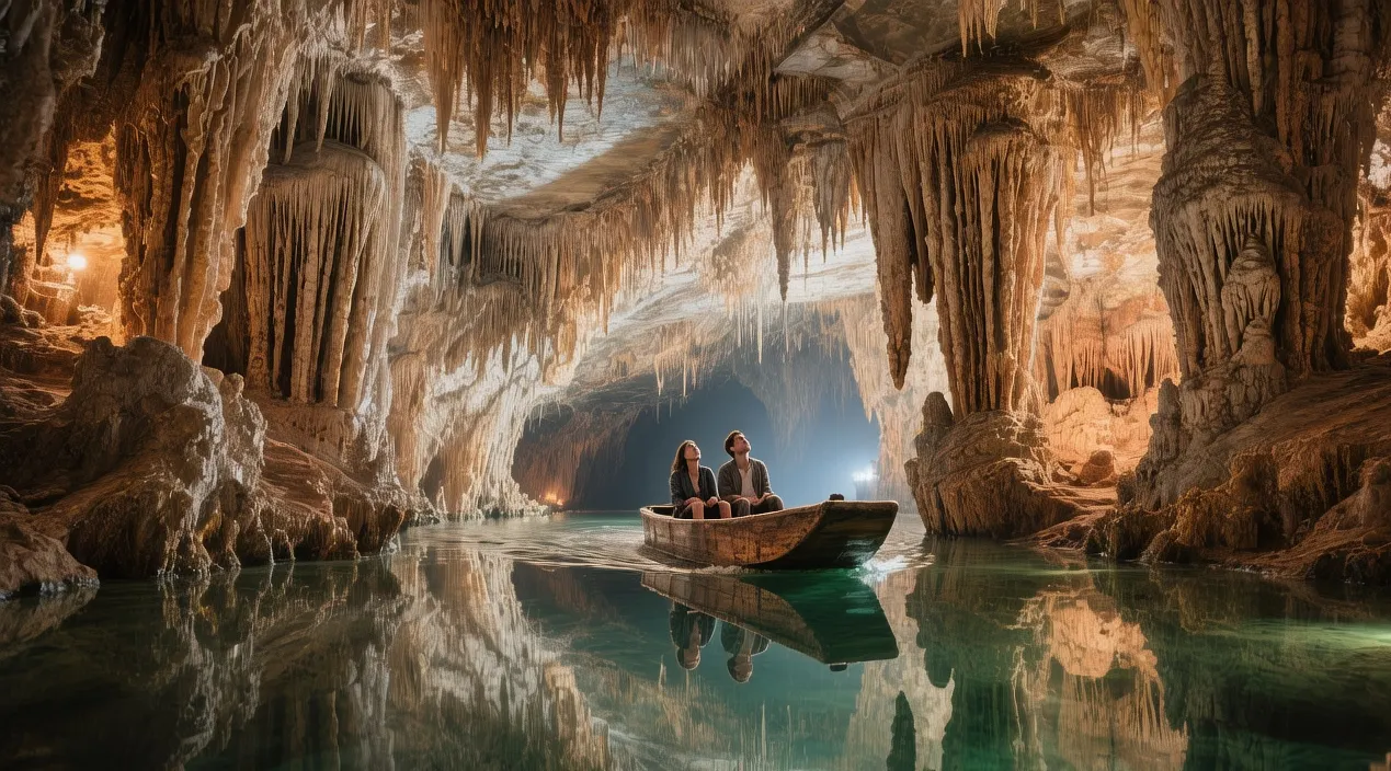 Diros Caves underground river at golden hour with limestone stalactites, emerald water reflections, and Mani Peninsula Peloponnese Greece subterranean wonder