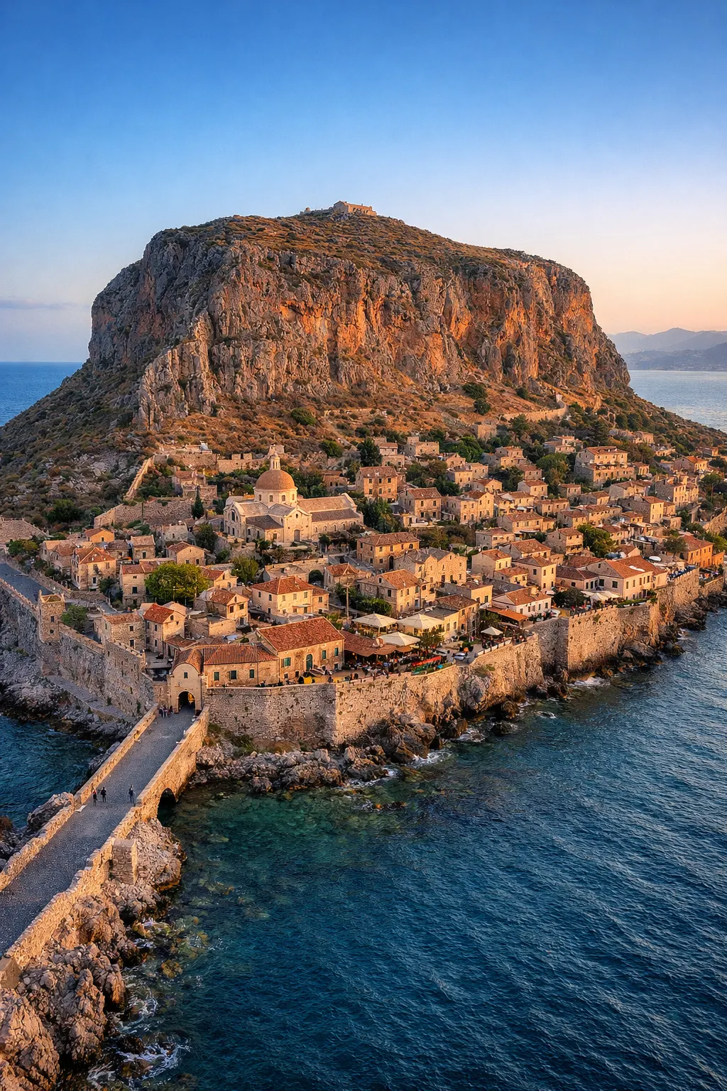 Monemvasia castle town at golden hour with Byzantine stone walls, narrow cobblestone lanes, and Aegean Sea Laconia Peloponnese Greece
