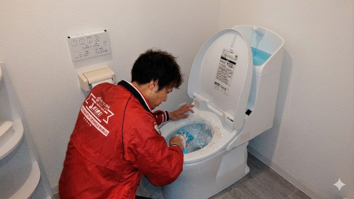 快適プロデュース 小山田によるトイレクリーニング作業の様子