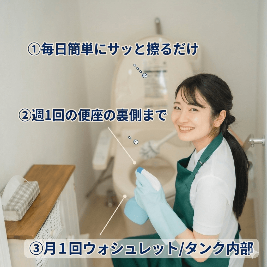 トイレ掃除の頻度と作業内容を示すイラスト