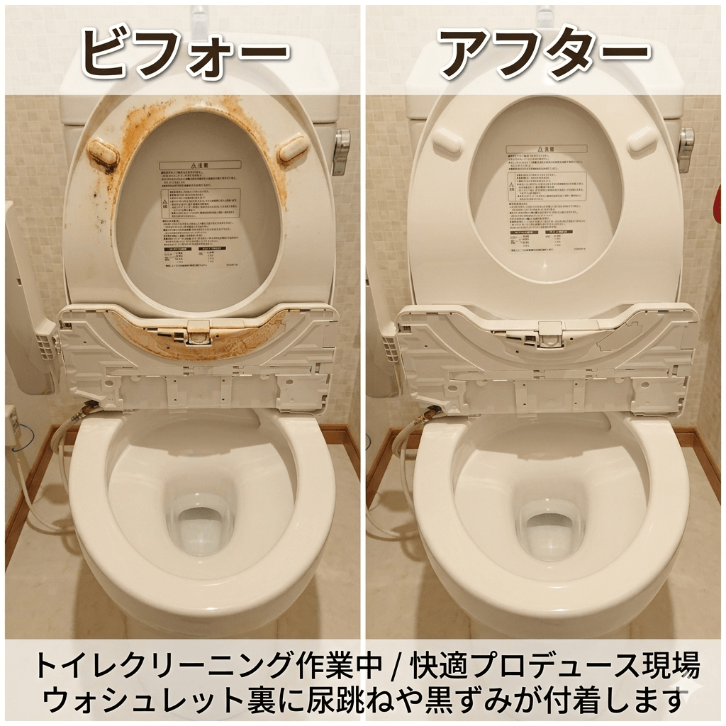 便座裏と便器の黒ずみ部分のクローズアップ