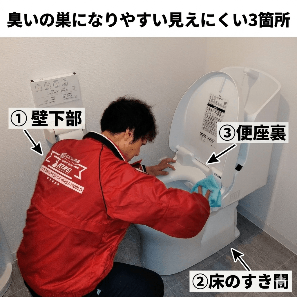トイレの壁・床・便座裏の掃除作業写真