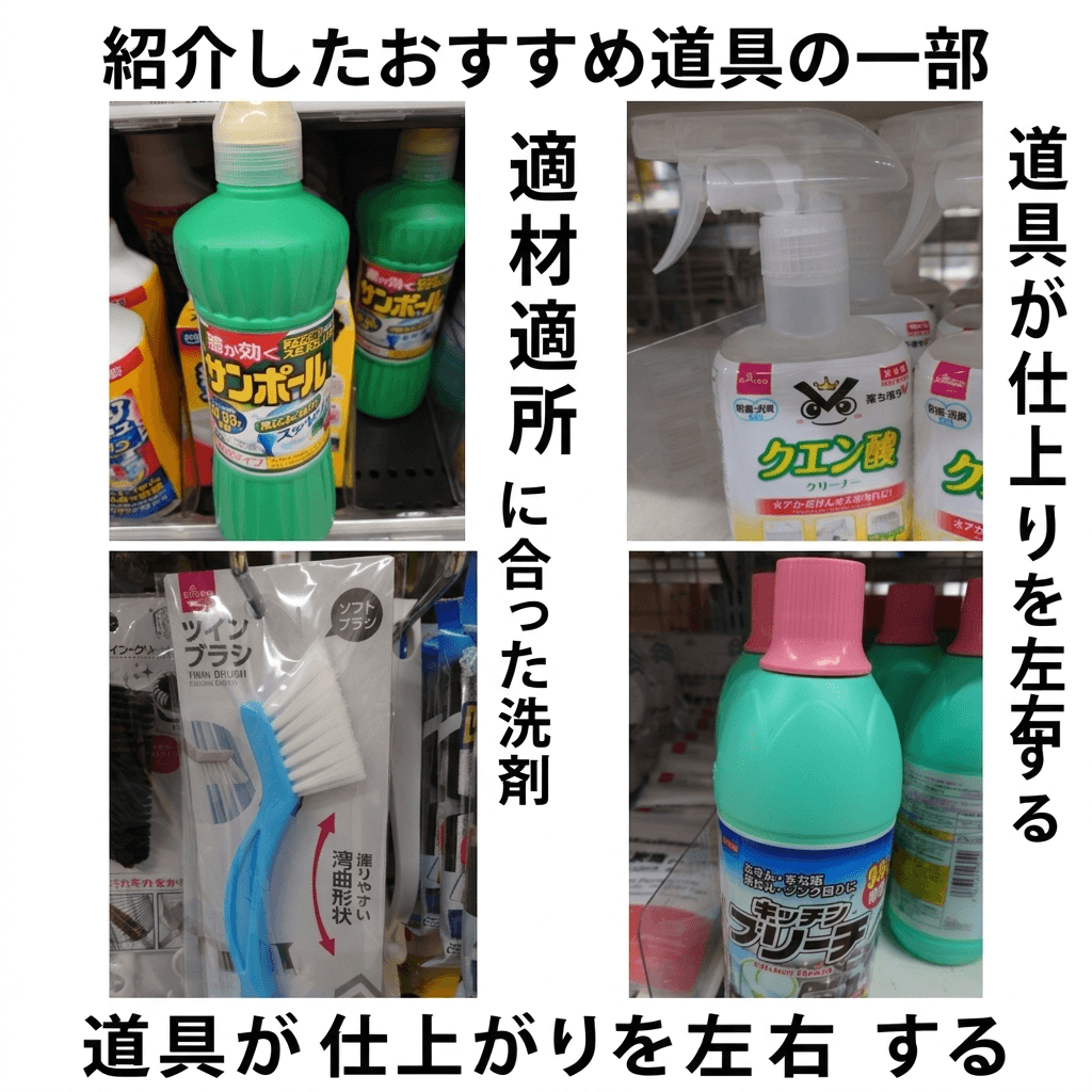 プロのトイレ掃除で使用する道具一式の写真