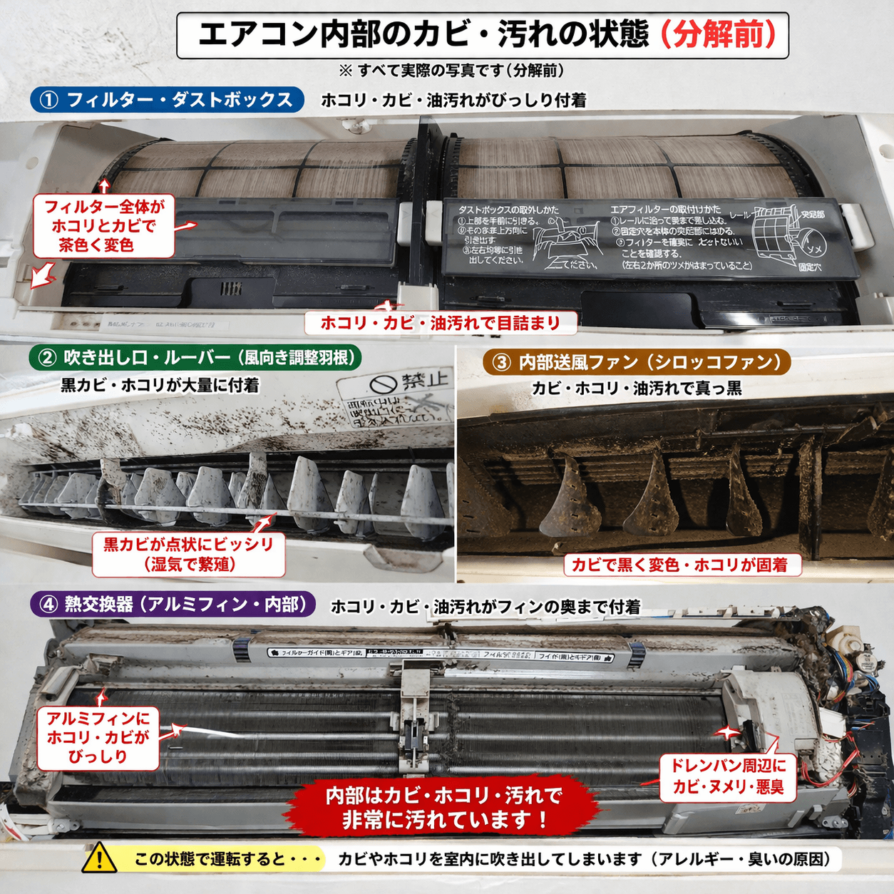 エアコン内部のカビ・汚れの状態（分解前）