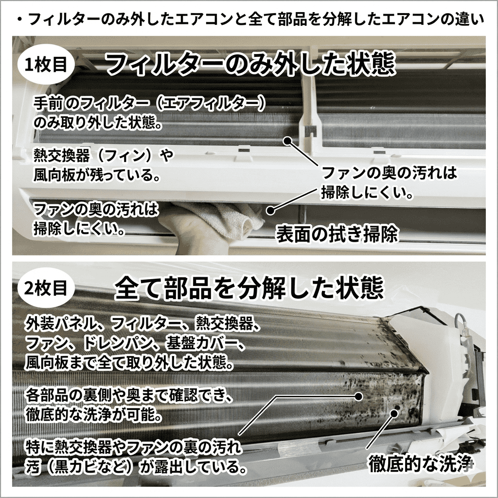 分解洗浄中のエアコン。ファンとドレンパンを取り外した状態