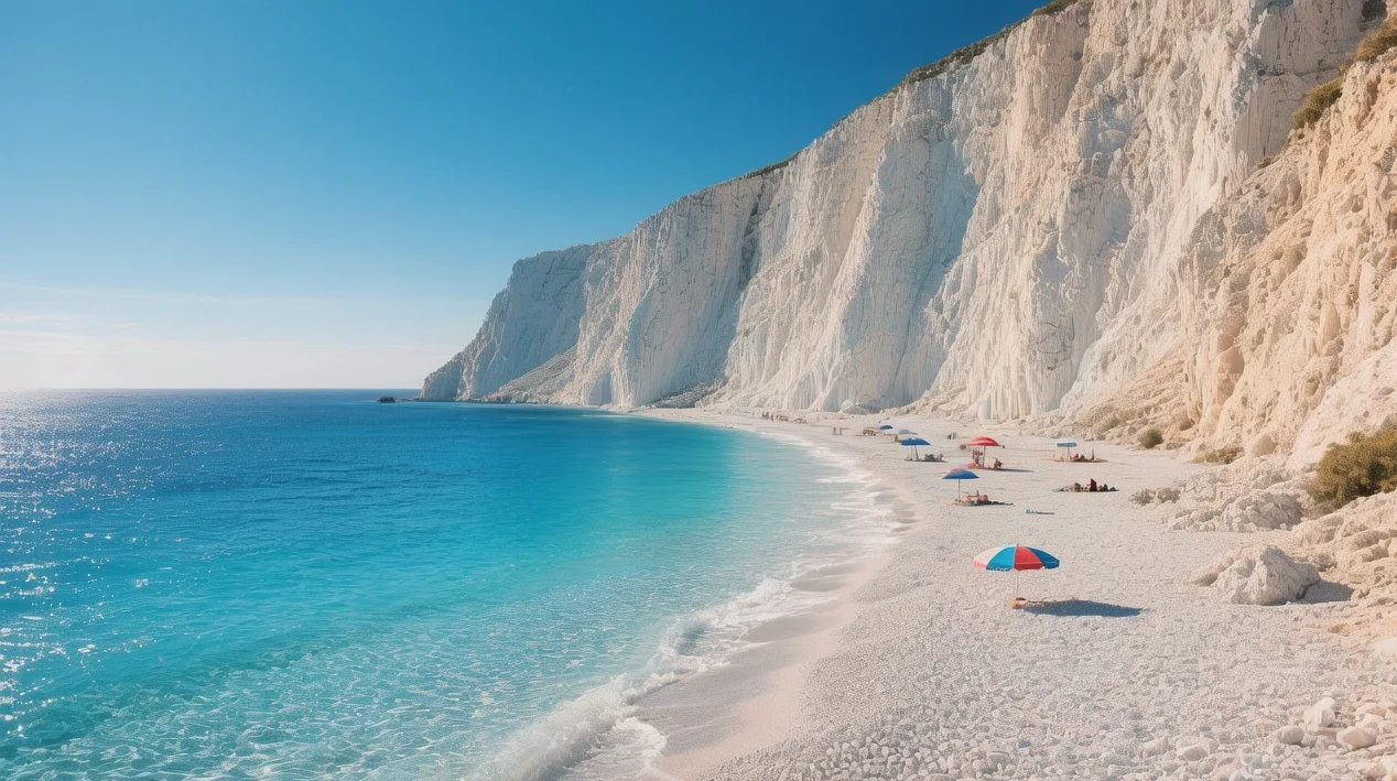 Porto Katsiki beach at golden hour, Greece: Turquoise waters framed by 30-meter limestone cliffs, soft evening light illuminating white pebble shore with distant sailboats
