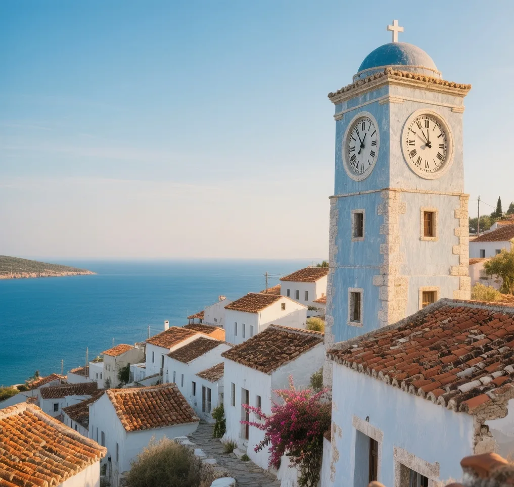 Poros Clock Tower at golden hour, Greece: Historic landmark overlooking Saronic Gulf with fishing boats, soft evening light illuminating neoclassical architecture and surrounding pine trees