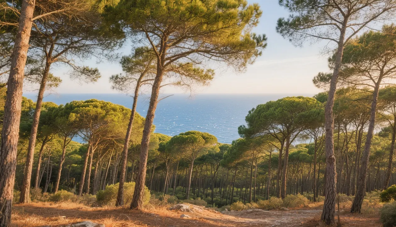 Spetses pine forests at dawn, Greece: Sunlight filtering through ancient Aleppo pines, soft morning mist rising above forest floor with Aegean Sea glimpses through trees