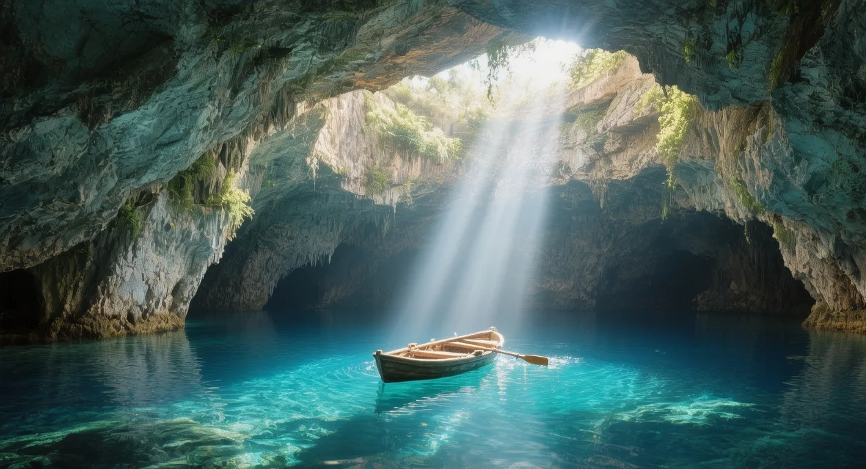 Melissani Cave at midday, Greece: Sunlight streaming through collapsed roof onto turquoise waters, small wooden boats floating on mirror-like surface with stalactites above
