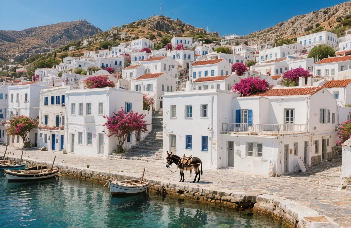 Hydra car-free island at golden hour, Greece: Stone mansions lining harbor with fishing boats, donkeys walking narrow streets under soft evening light with Aegean Sea backdrop