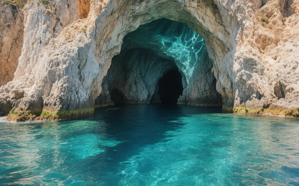 Paxi sea caves at golden hour, Greece: Azure waters illuminating limestone caverns, sunlight filtering through cave openings with turquoise reflections on cave walls