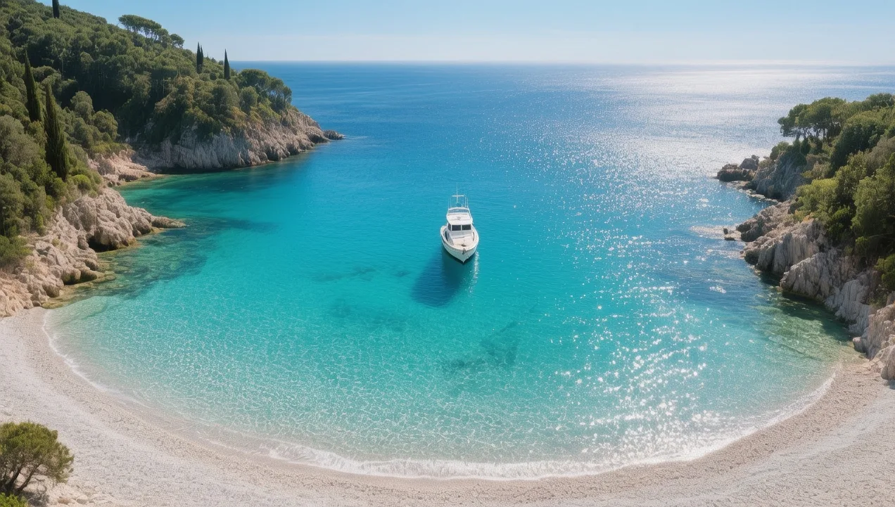 Antipaxos beaches at golden hour, Greece: Turquoise waters lapping white pebble shores, dramatic limestone cliffs framing the cove under soft evening light with sailboats in distance