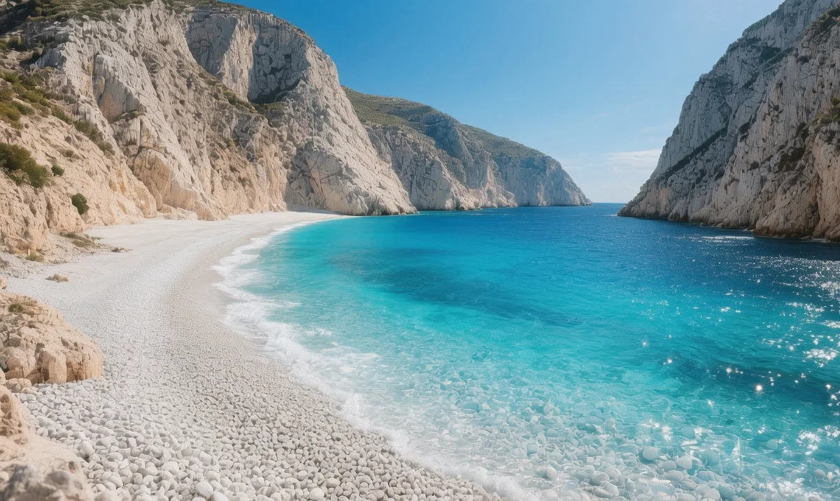 Myrtos Beach at golden hour, Greece: U-shaped cove with white pebbles, turquoise waters framed by dramatic 300-meter cliffs under soft evening light