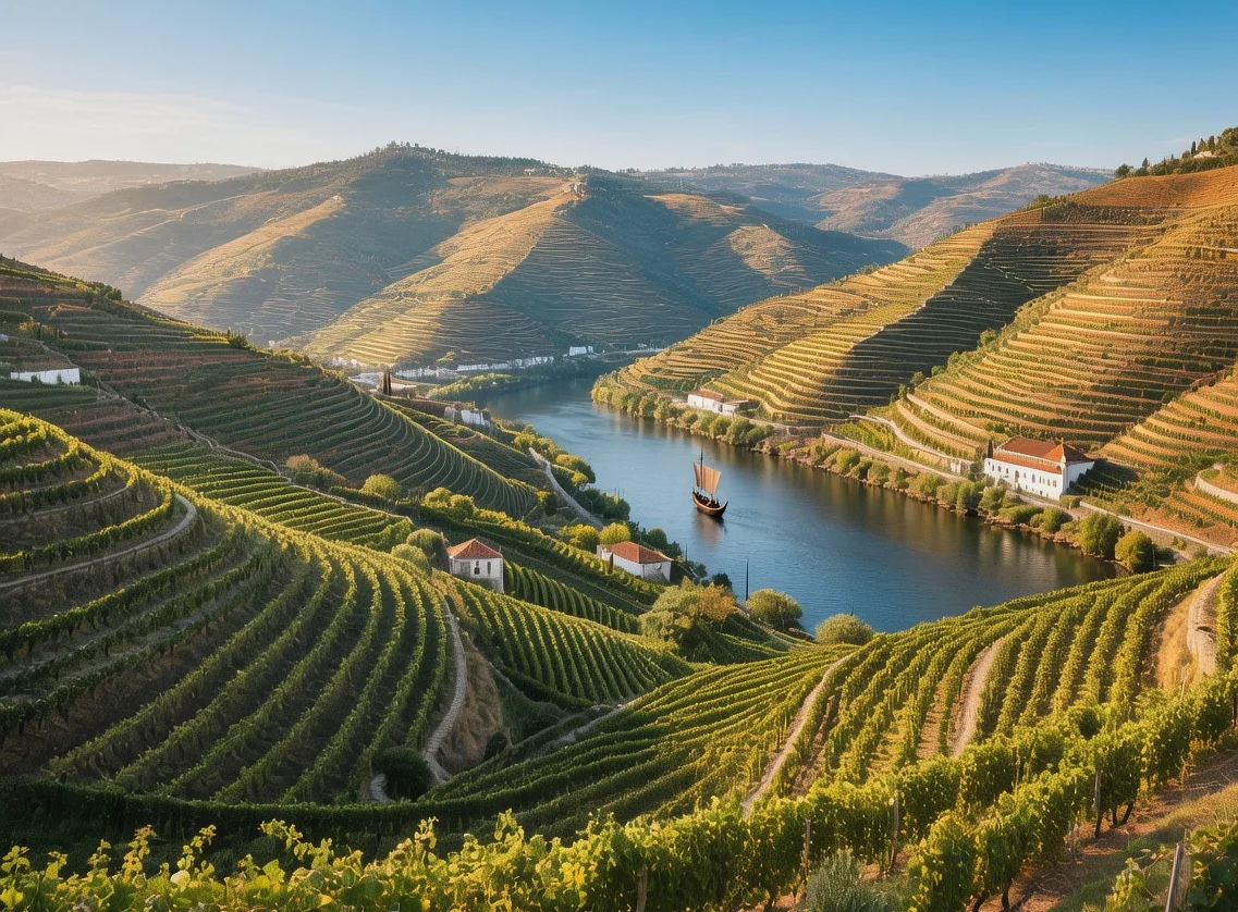 Golden hour light illuminating the terraced Douro Valley vineyards sloping down to the Douro River.