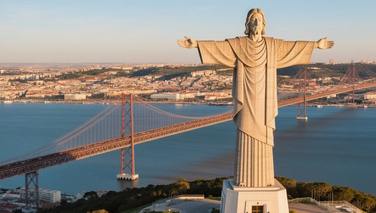 Sunset light silhouetting the towering Cristo Rei statue above the sparkling Tagus River in Almada, Portugal.