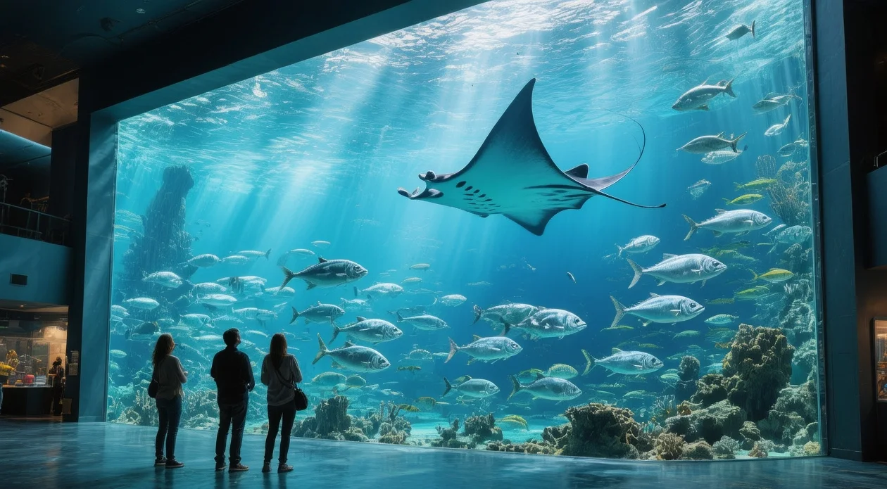 Sunlight filtering through the massive central tank at Oceanário de Lisboa showcasing a school of ocean sunfish.