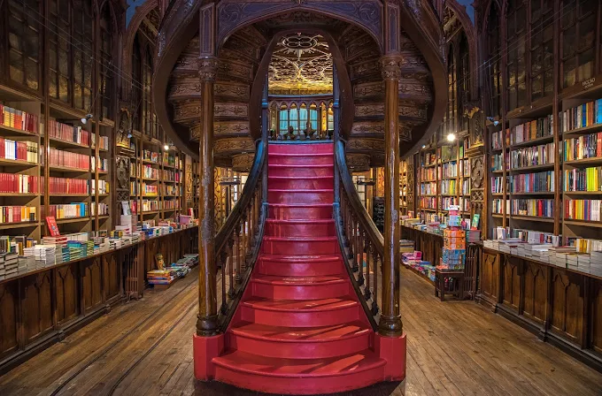 Sunlight streaming through the stained-glass skylight onto the curved red staircase inside Livraria Lello bookshop.