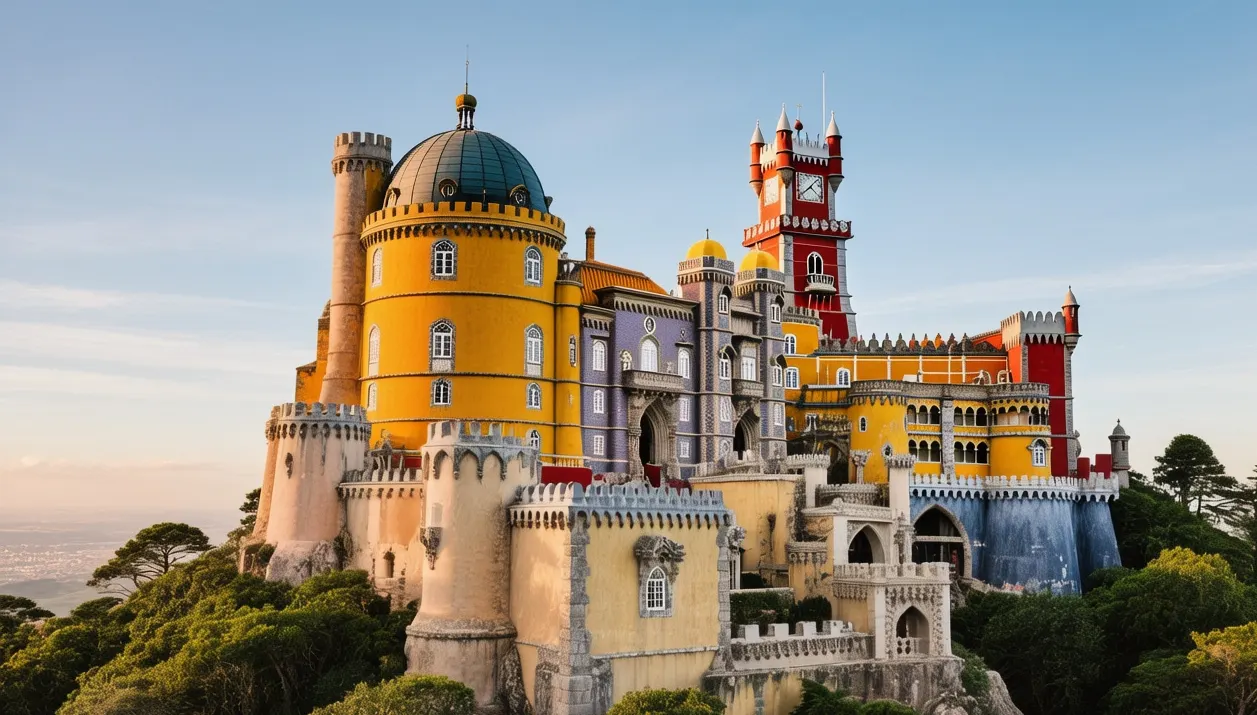Golden sunlight illuminating the vivid yellow and red façade of Sintra Pena Palace amidst lush greenery.