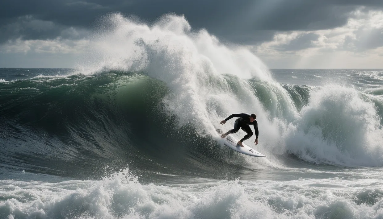 Massive crashing wave at Nazaré big wave surfing spot under stormy gray winter skies