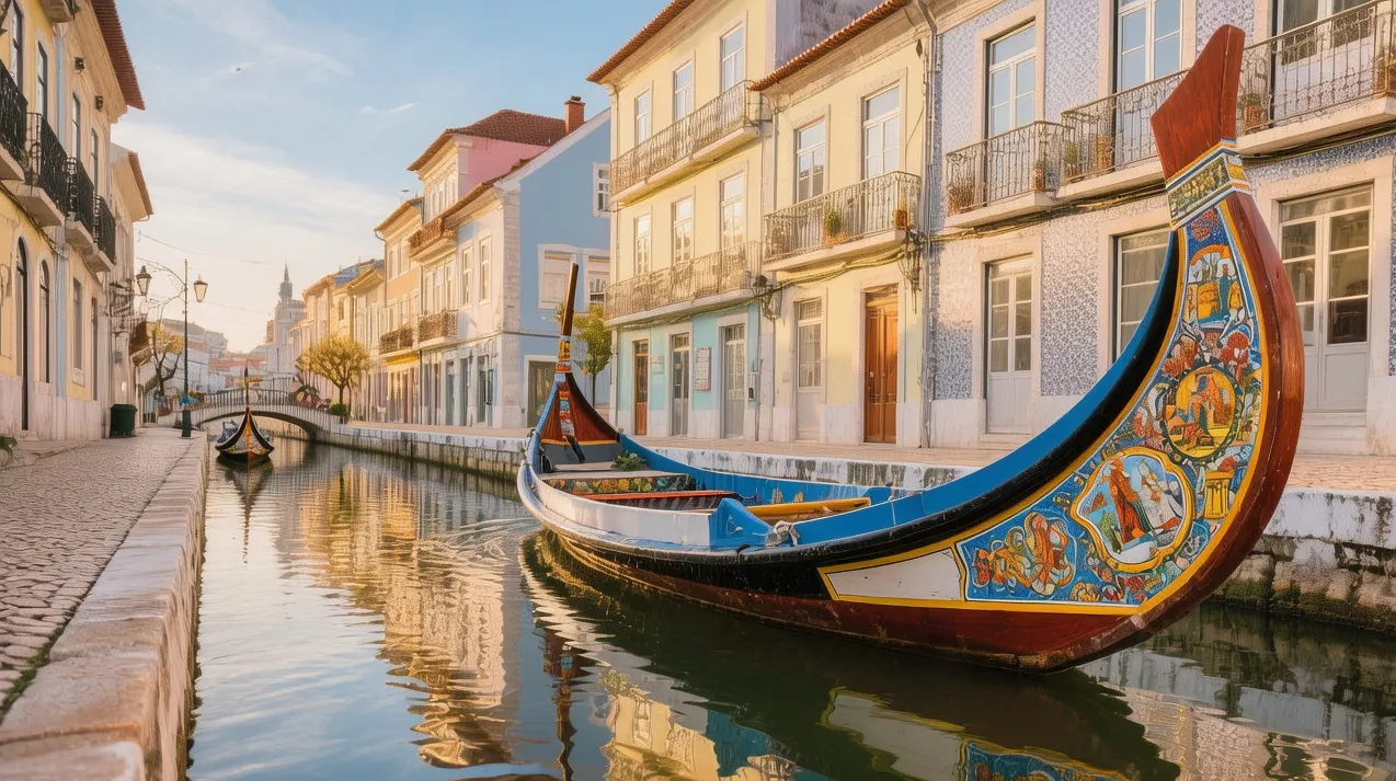 Colorful moliceiro boats gliding through Aveiro canals during golden hour with Art Nouveau facades reflecting