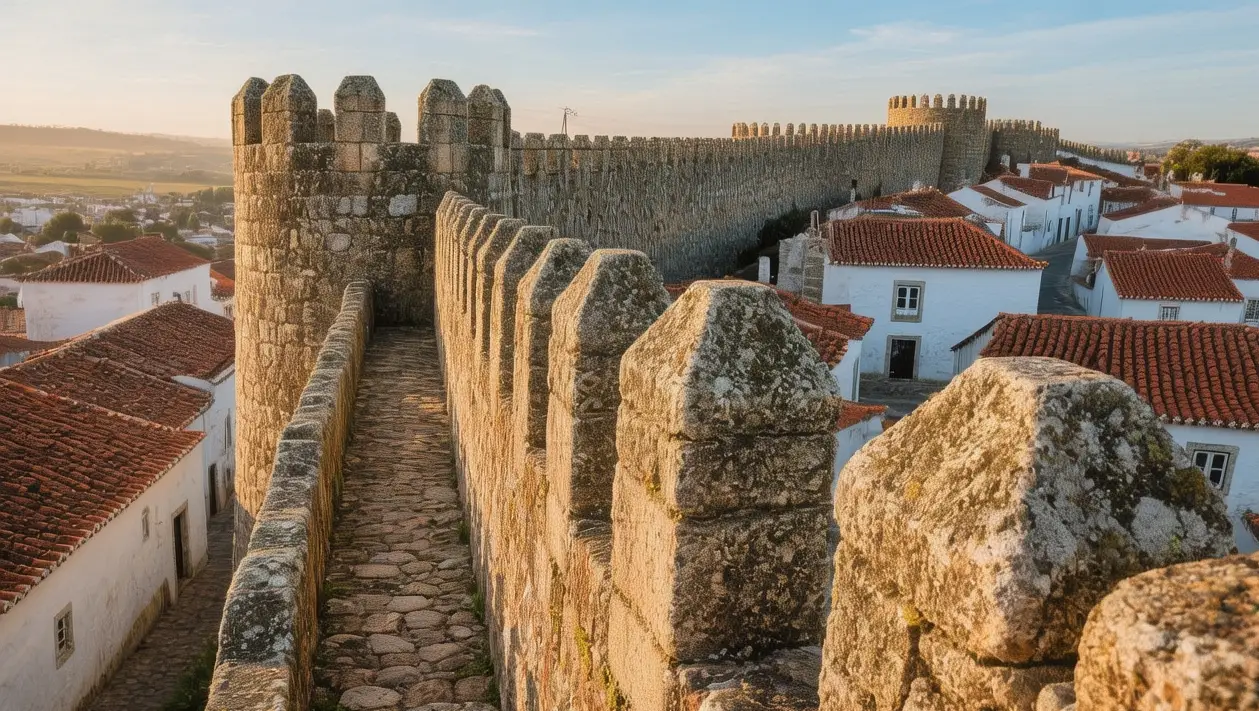 Ancient white limestone walls of Óbidos medieval town glowing under warm golden sunset light
