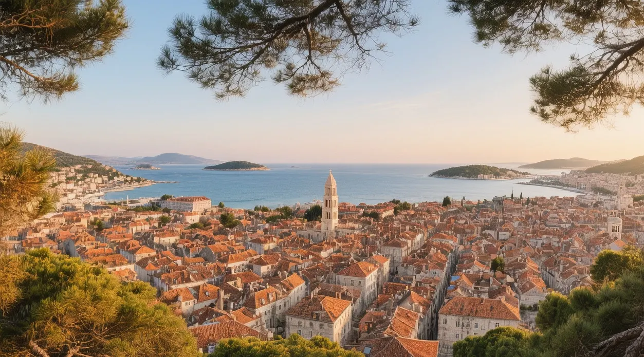 Panoramic view from Marjan Hill forest park overlooking Split's terracotta rooftops and Adriatic islands at golden hour