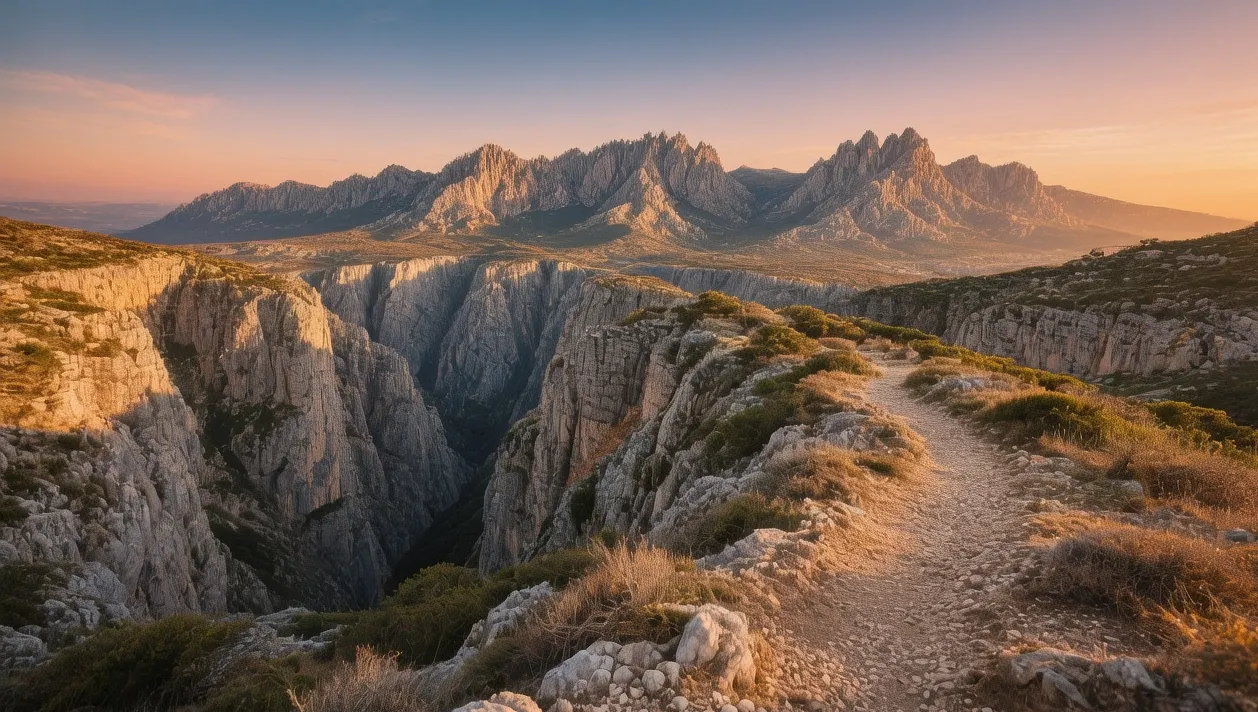 Paklenica National Park at golden hour, Croatia: Dramatic mountain peaks overlooking deep canyons, soft evening light illuminating hiking trails with the Adriatic Sea visible in the distance