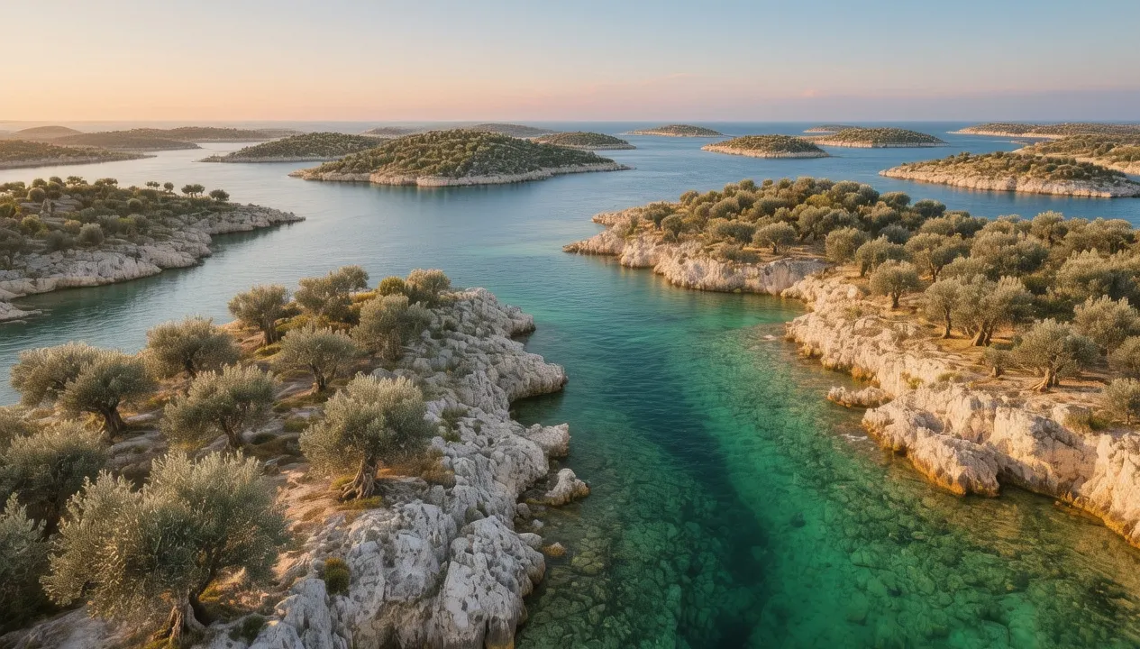Telašćica Nature Park at golden hour, Croatia: Deep bay with turquoise waters surrounded by dramatic cliffs, soft evening light illuminating salt lake Mir with fishing boats in the distance