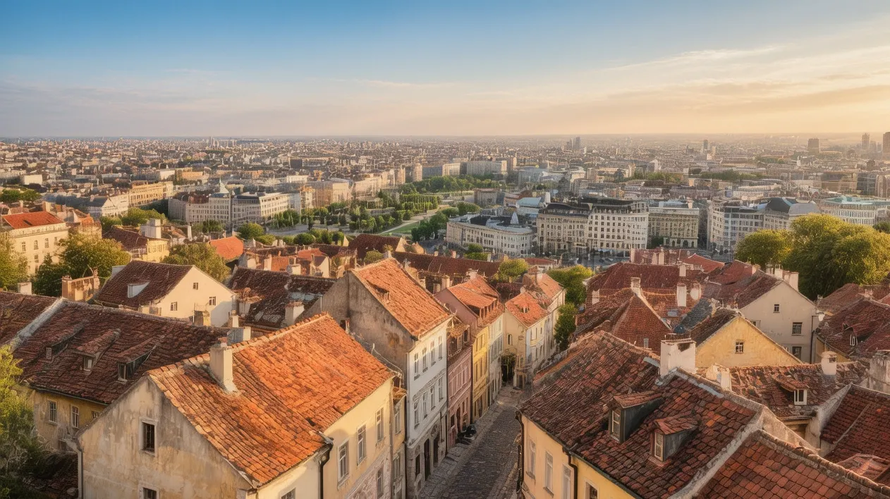 Zagreb Upper Town at golden hour, Croatia: Medieval streets illuminated by soft evening light, historic buildings with red roofs overlooking city skyline from Gradec hill